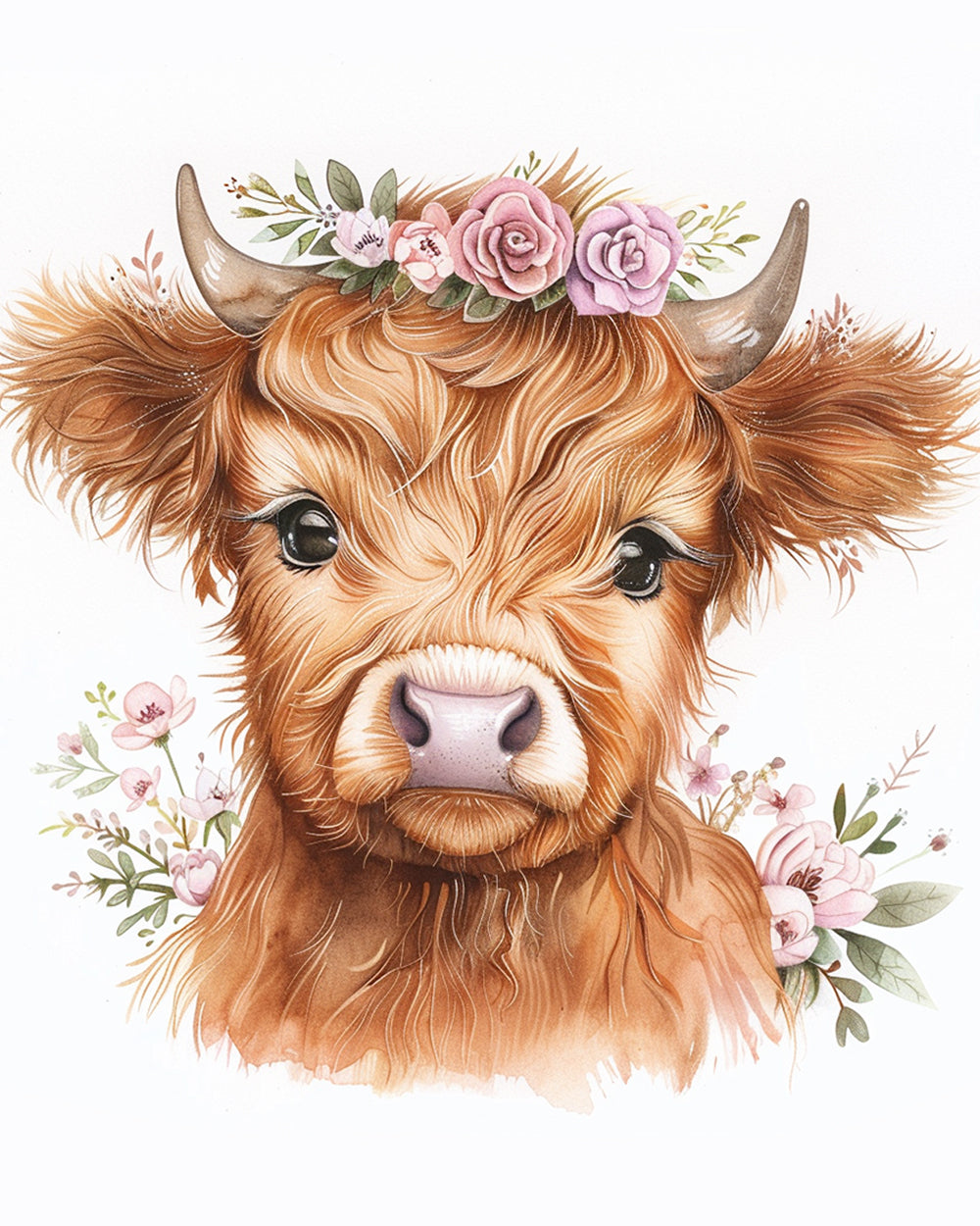 Bruin Kalf met Roze Bloemen Diamond Painting