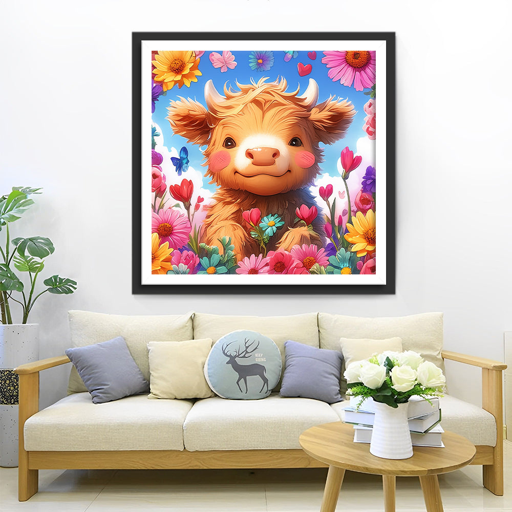 Bruin Kalf omringd door Kleurrijke Bloemen Diamond Painting