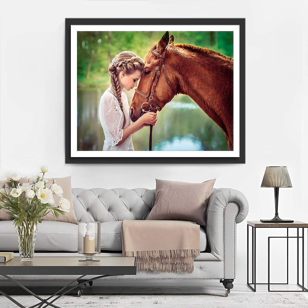 Bruin Paard en Mooie Vrouw Diamond Painting