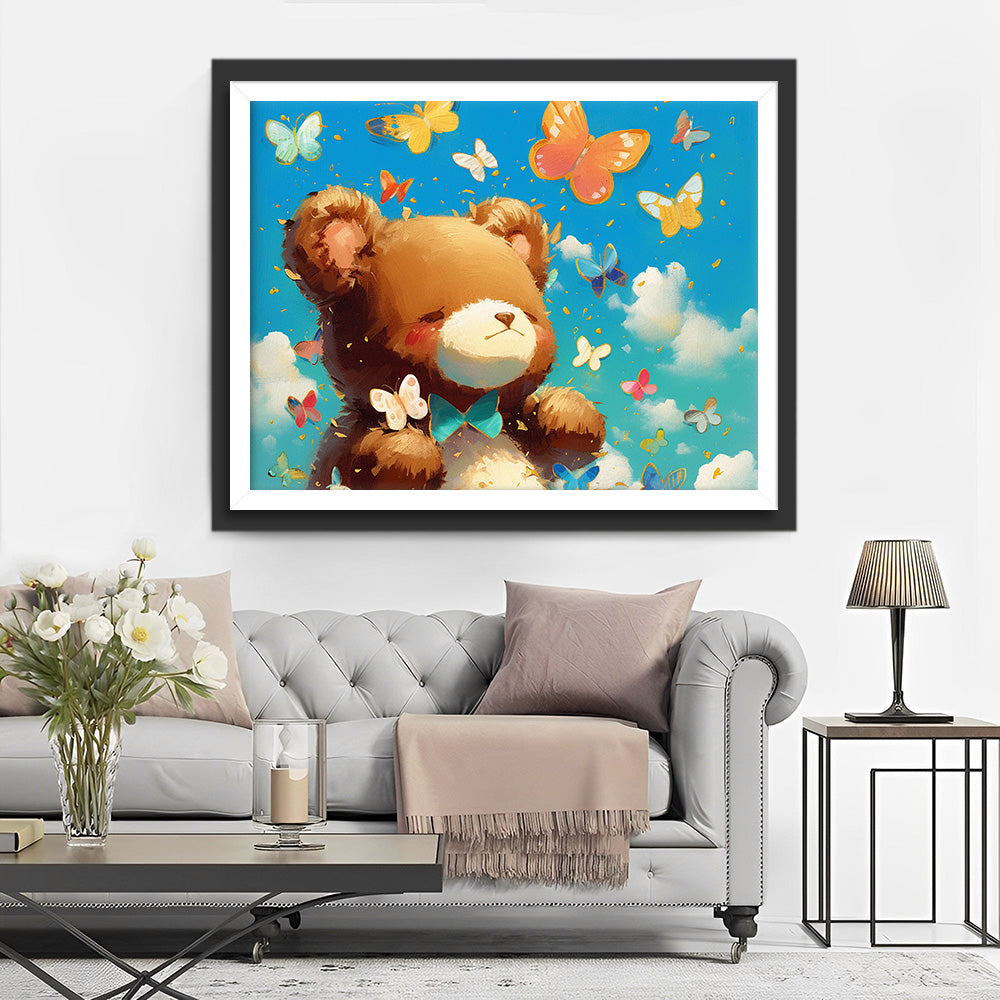 Bruine Beer en Kleurige Vlinders Diamond Painting