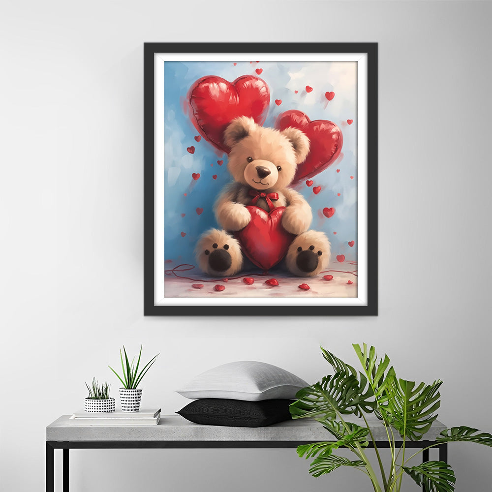 Bruine Beer en Rode Hart Ballonnen Diamond Painting