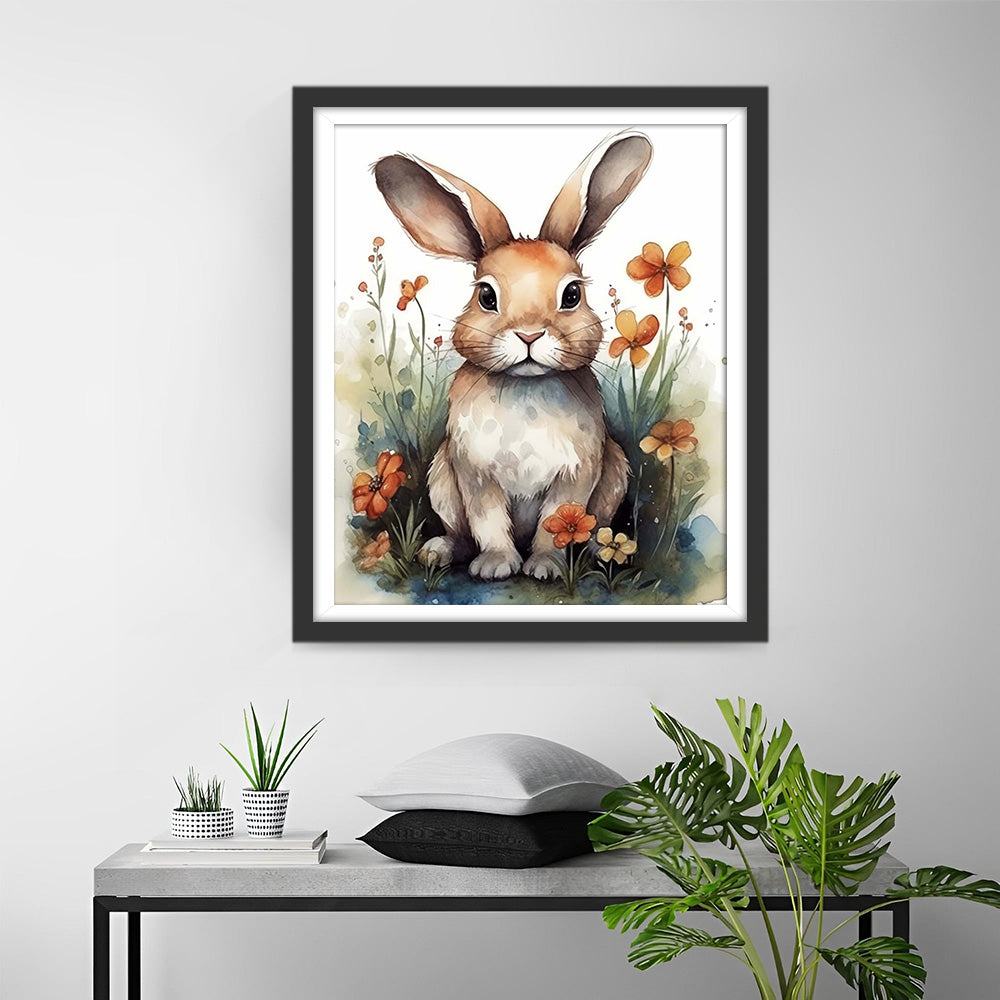 Bruine Konijn en Bloemen Diamond Painting