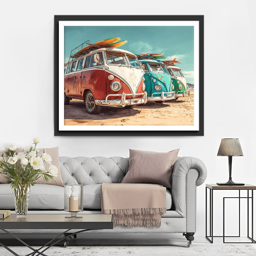 Bussen Uitgerust met Surfplanken op het Strand Diamond Painting