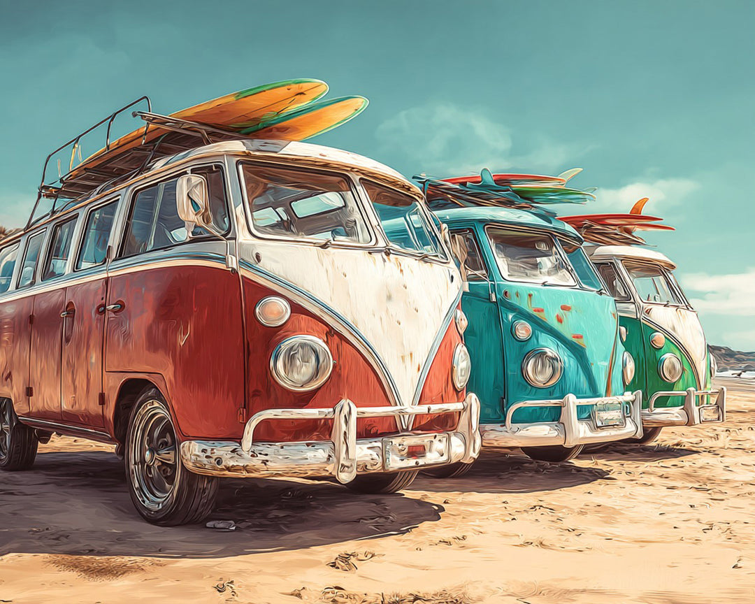 Bussen Uitgerust met Surfplanken op het Strand Diamond Painting