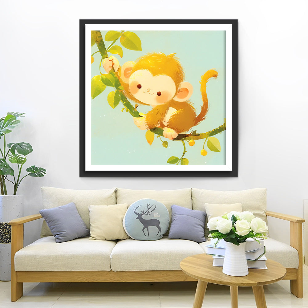 Cartoon Aap op een Wijnstok Diamond Painting