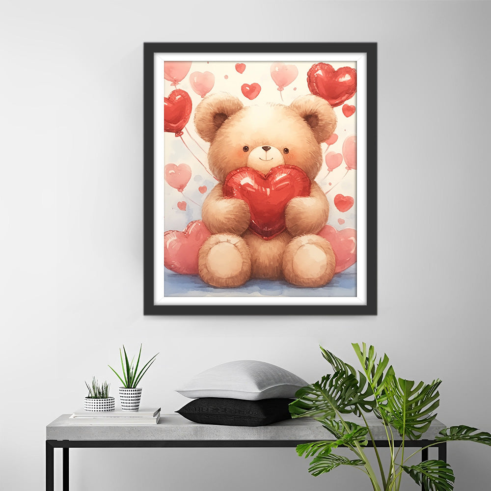 Cartoon Beer en Liefdesballonnen Diamond Painting