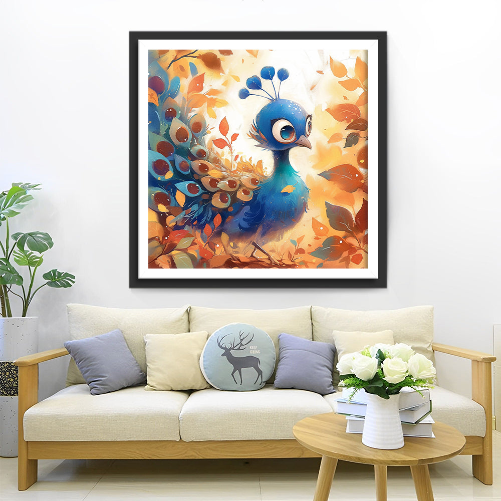 Cartoon Blauwe Pauw in Herfstbladeren Diamond Painting