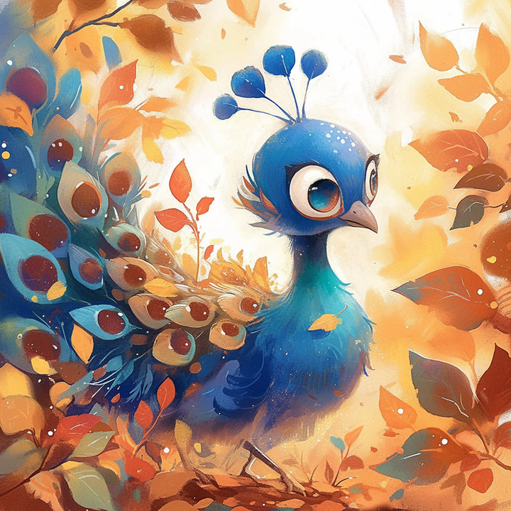 Cartoon Blauwe Pauw in Herfstbladeren Diamond Painting