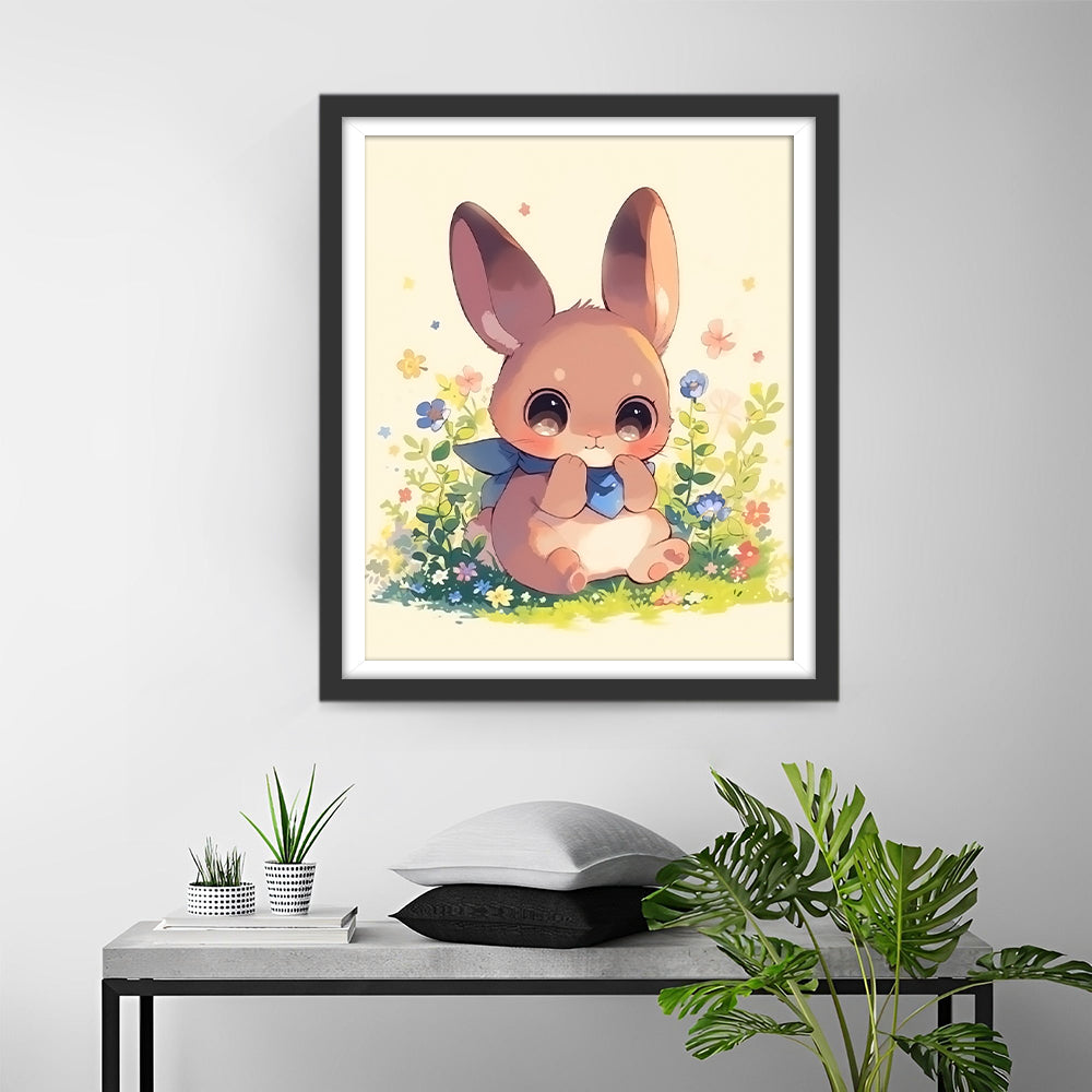 Cartoon Bruin Konijn in een Bloemenstruik Diamond Painting