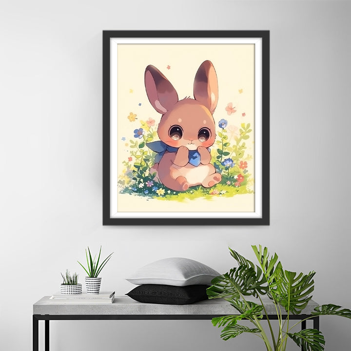 Cartoon Bruin Konijn in een Bloemenstruik Diamond Painting