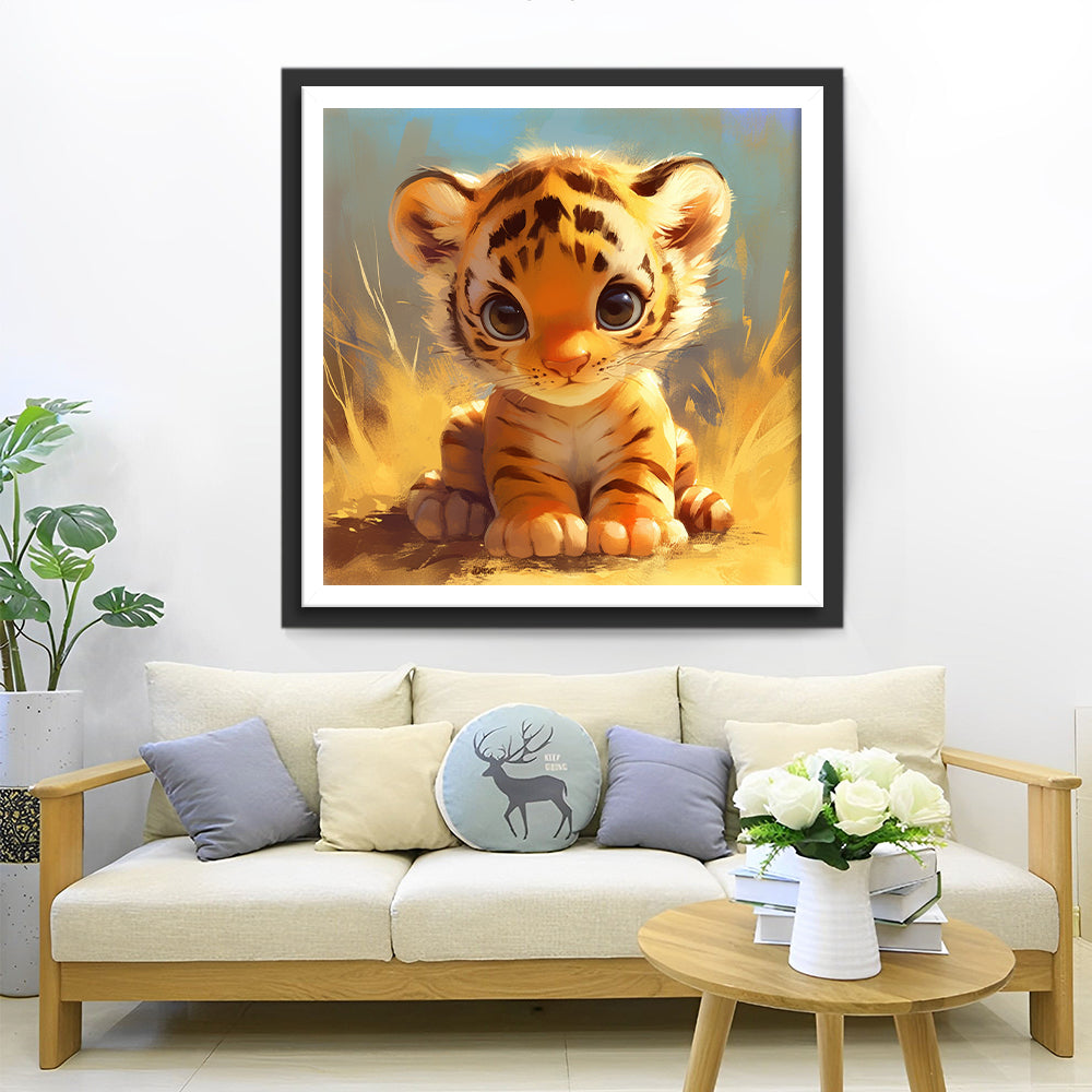 Cartoon Een Tijgerwelp op de Weide in de Herfst Diamond Painting