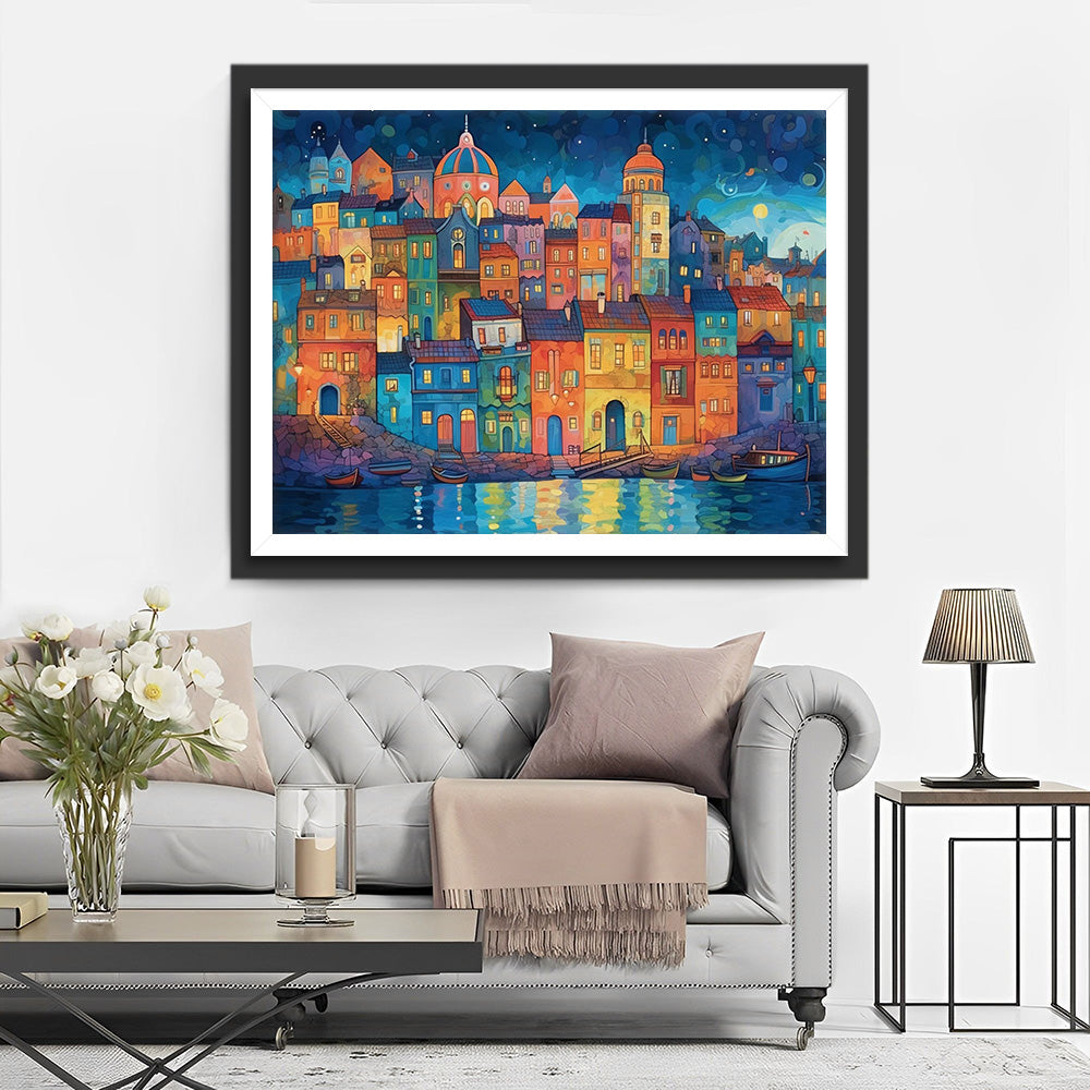 Cartoon Gebouwen aan de Zee Diamond Painting