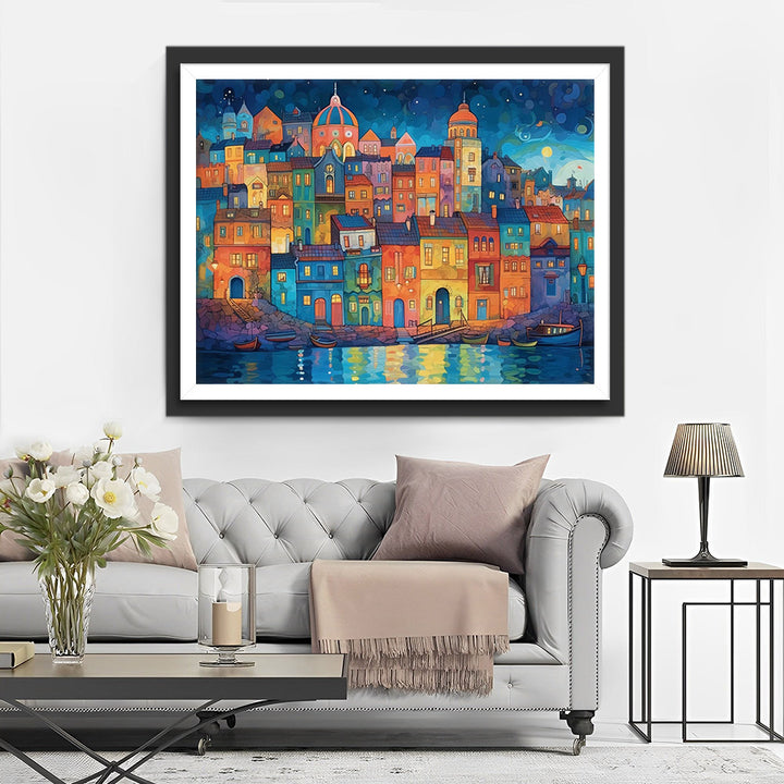 Cartoon Gebouwen aan de Zee Diamond Painting