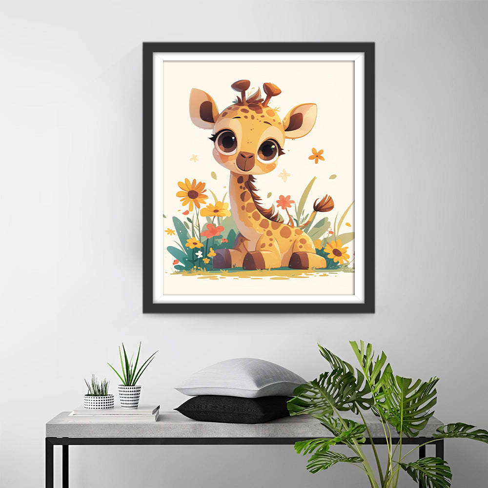 Cartoon Giraf in de Bloemen Diamond Painting