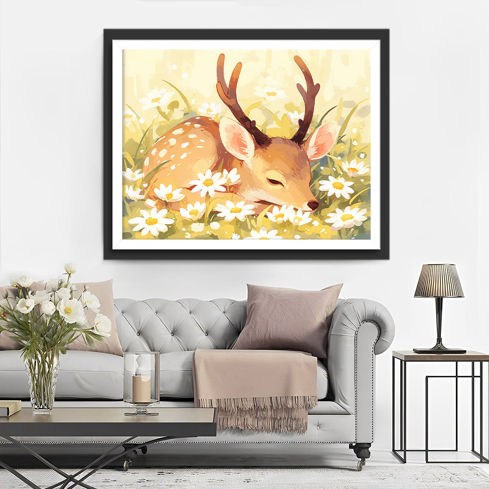 Cartoon Hert in Witte Chrysanten Diamond Painting
