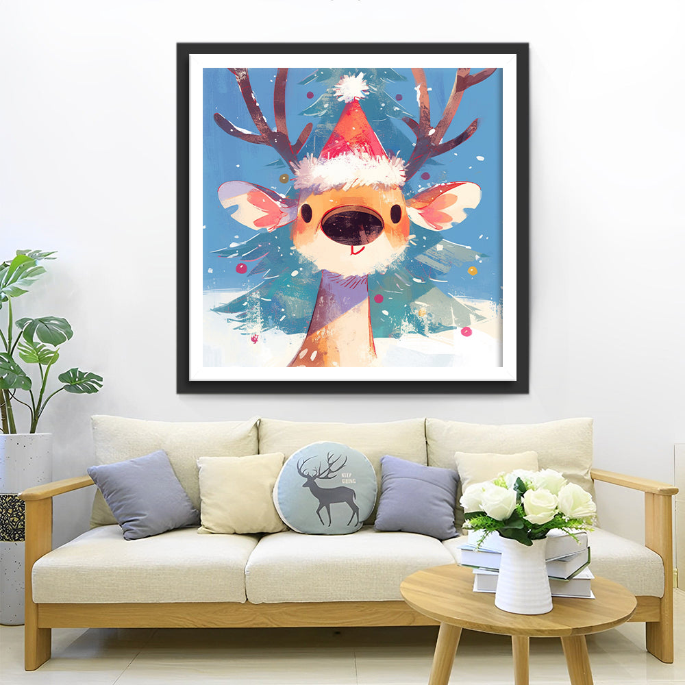 Cartoon Hert met Kerstmuts Diamond Painting