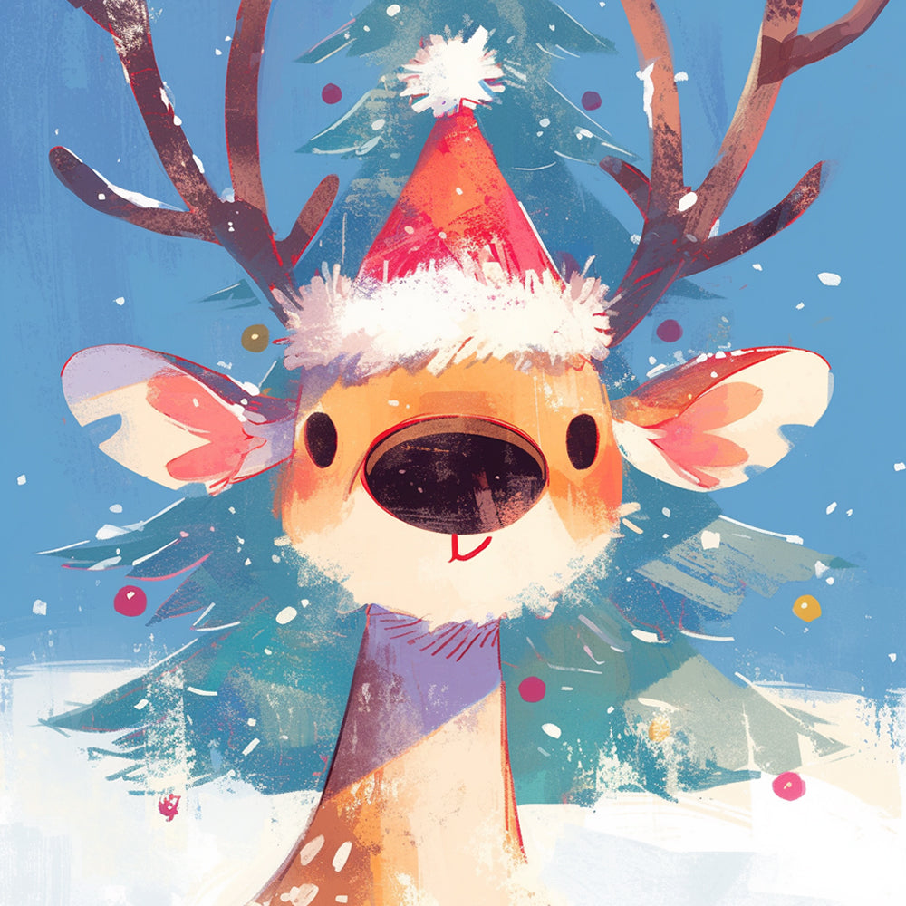 Cartoon Hert met Kerstmuts Diamond Painting