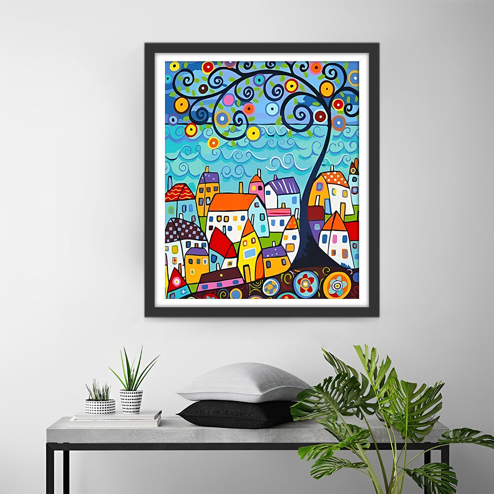 Cartoon Huizen en Boom Diamond Painting
