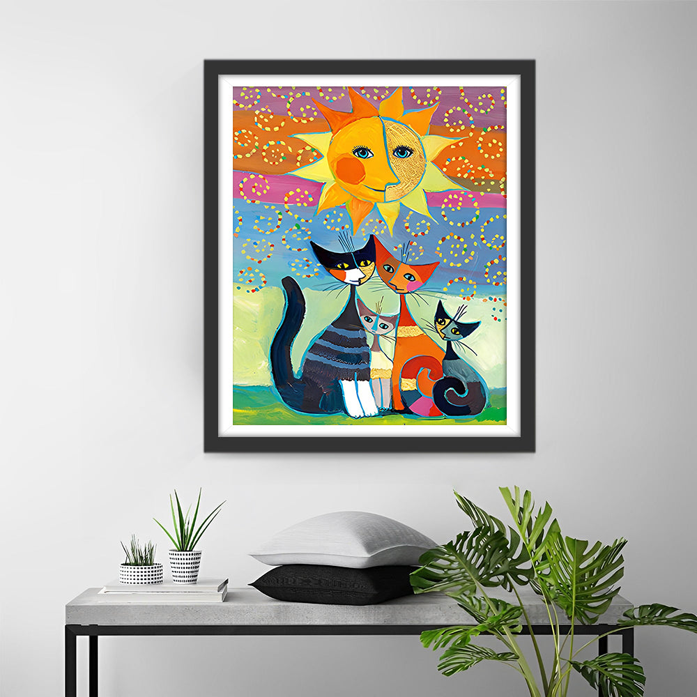 Cartoon Katten en Zon Diamond Painting