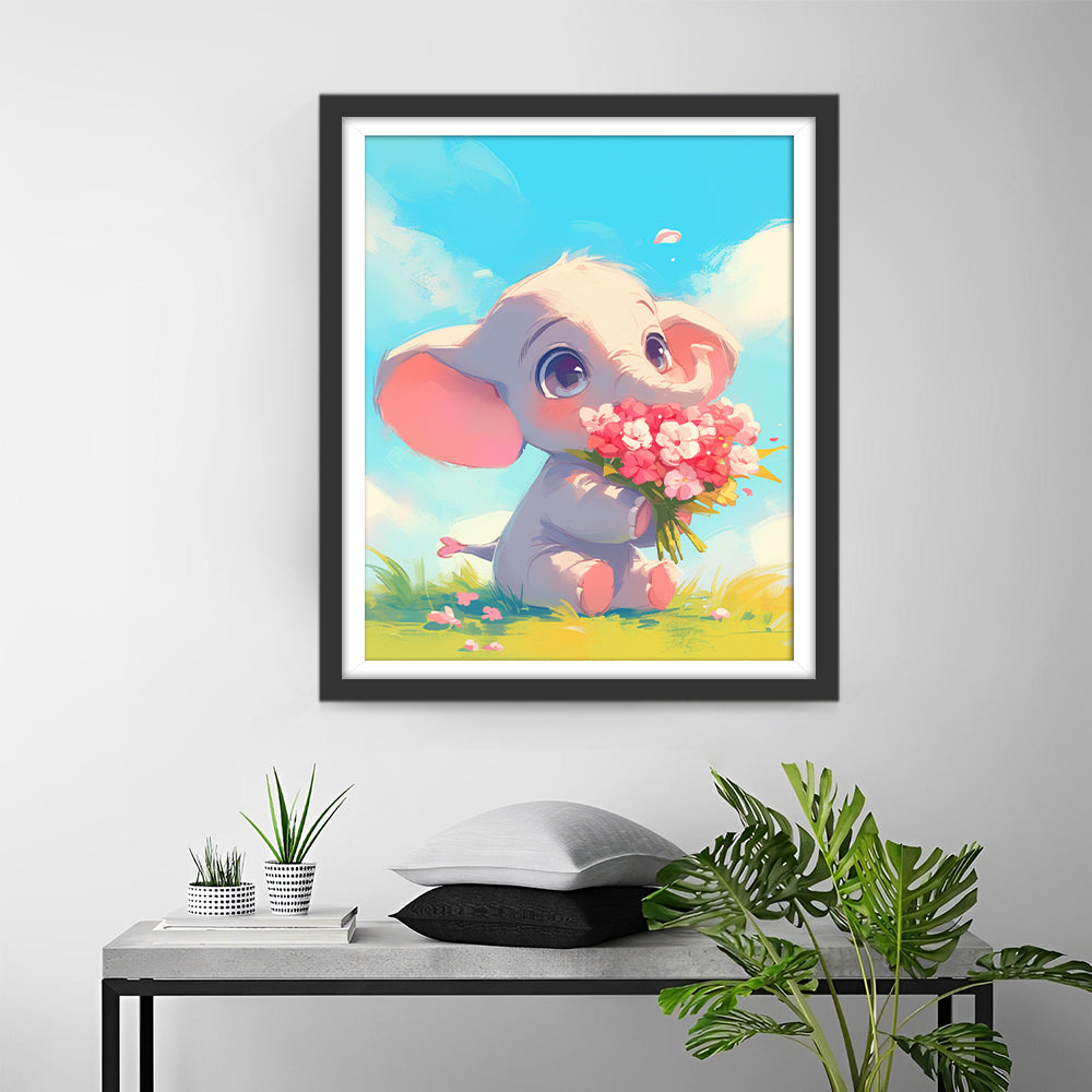 Cartoon Olifant met Bloemen Diamond Painting