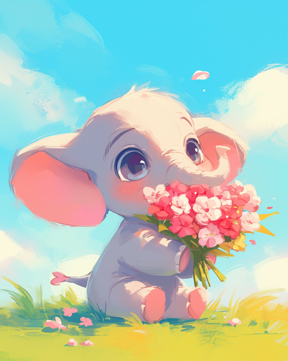 Cartoon Olifant met Bloemen Diamond Painting