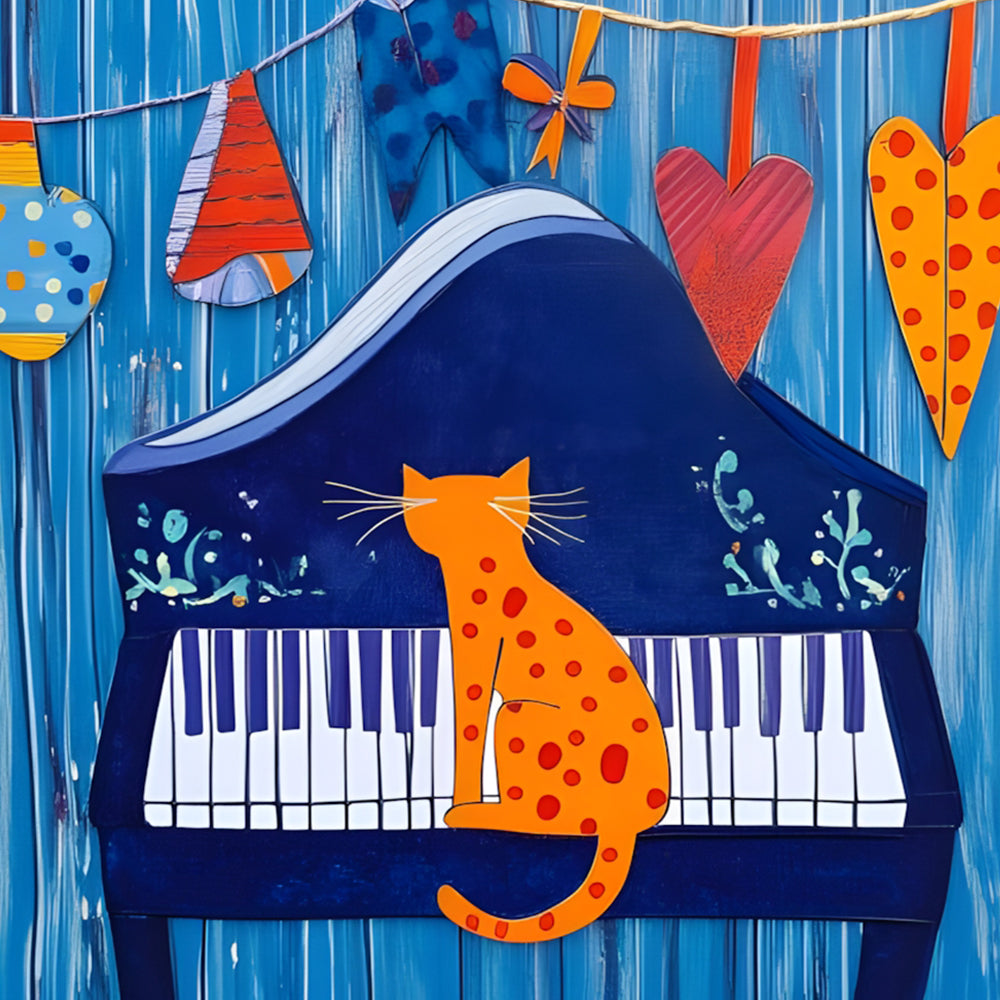 Cartoon Oranje Kat Speelt Piano Diamond Painting