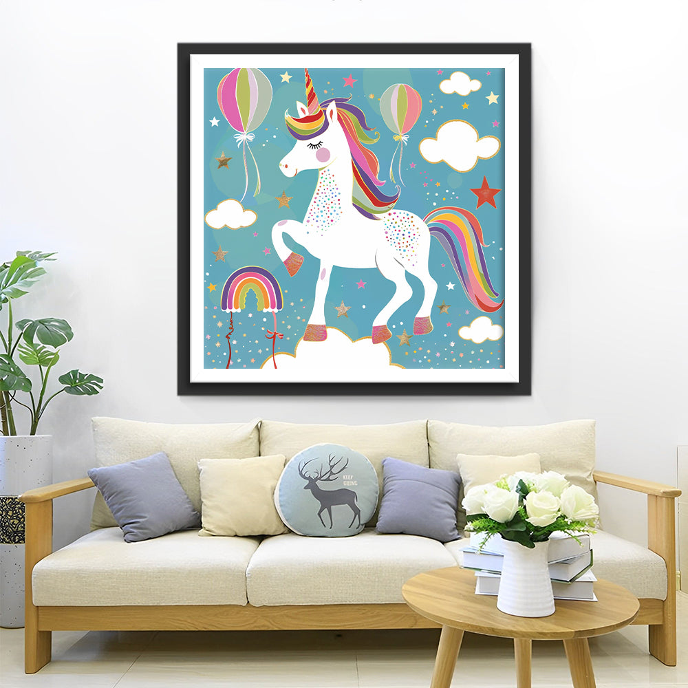 Cartoon Regenboog Eenhoorn en Kleurrijke Ballonnen Diamond Painting