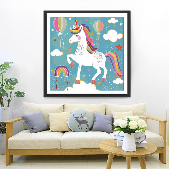 Cartoon Regenboog Eenhoorn en Kleurrijke Ballonnen Diamond Painting