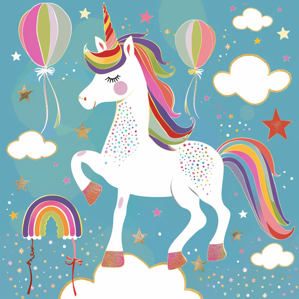 Cartoon Regenboog Eenhoorn en Kleurrijke Ballonnen Diamond Painting