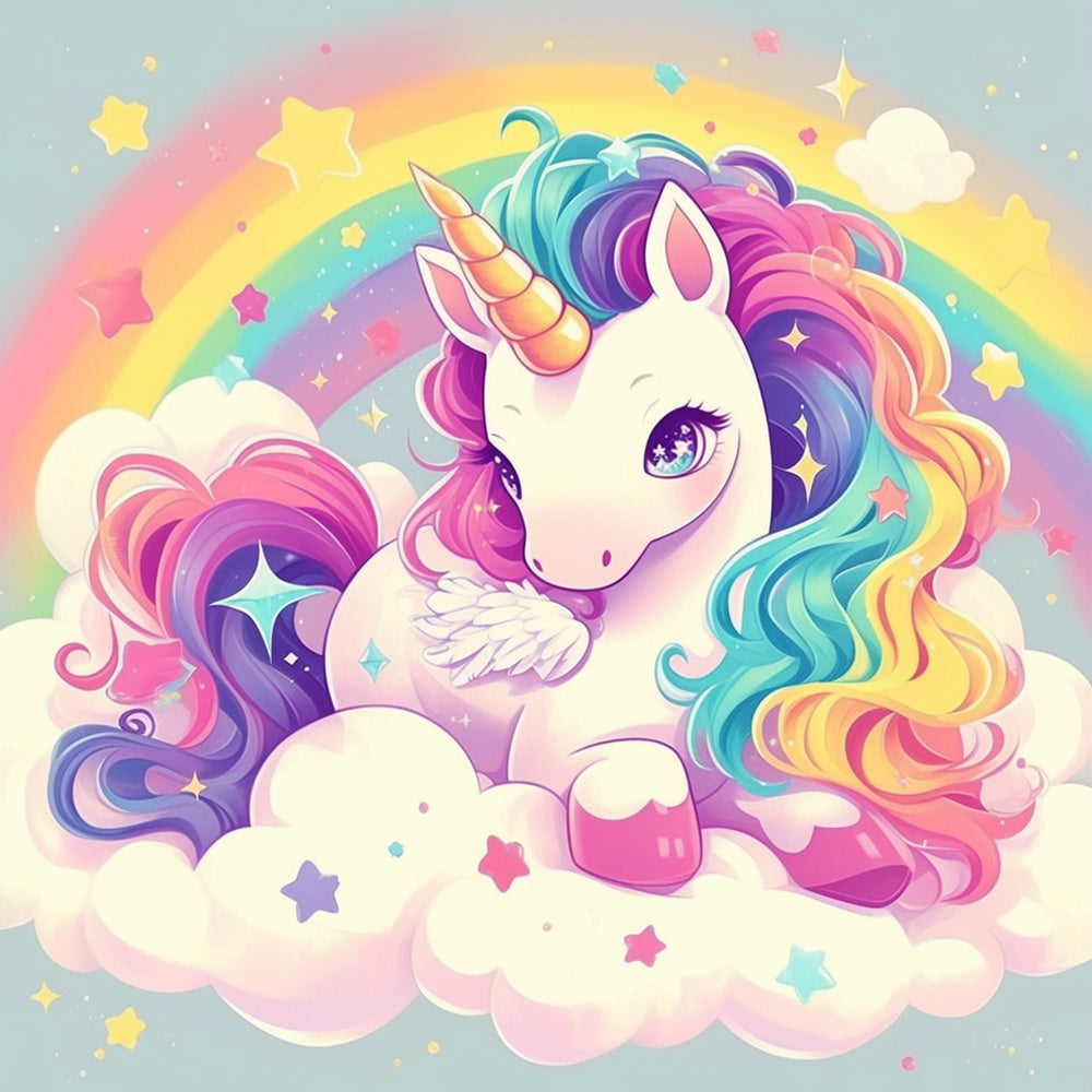 Cartoon Regenboog Eenhoorn op Wolken Diamond Painting