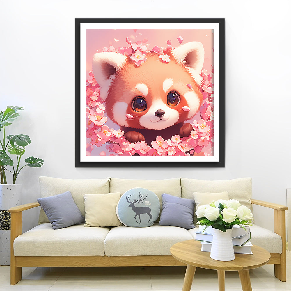 Cartoon Rode Panda omringd door Roze Bloemen Diamond Painting