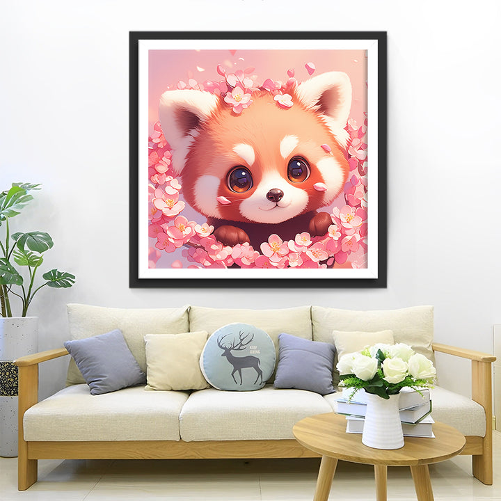 Cartoon Rode Panda omringd door Roze Bloemen Diamond Painting