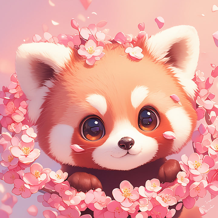 Cartoon Rode Panda omringd door Roze Bloemen Diamond Painting