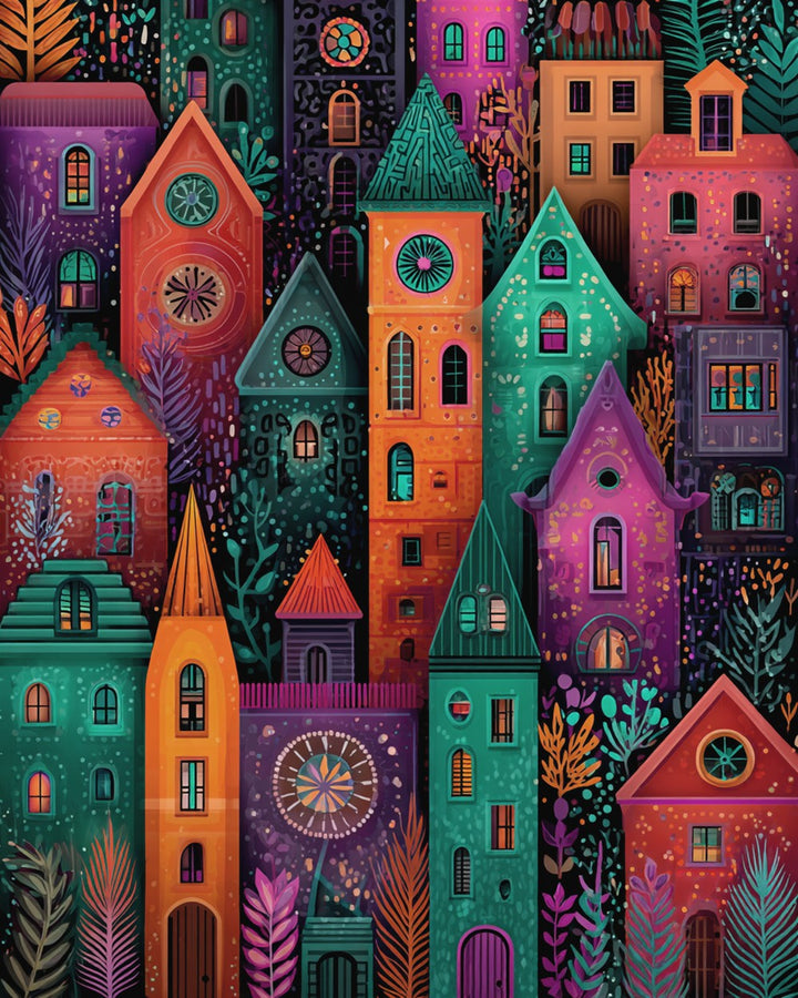 Cartoon-Stijl Kleurrijke Stadsgebouwen Diamond Painting
