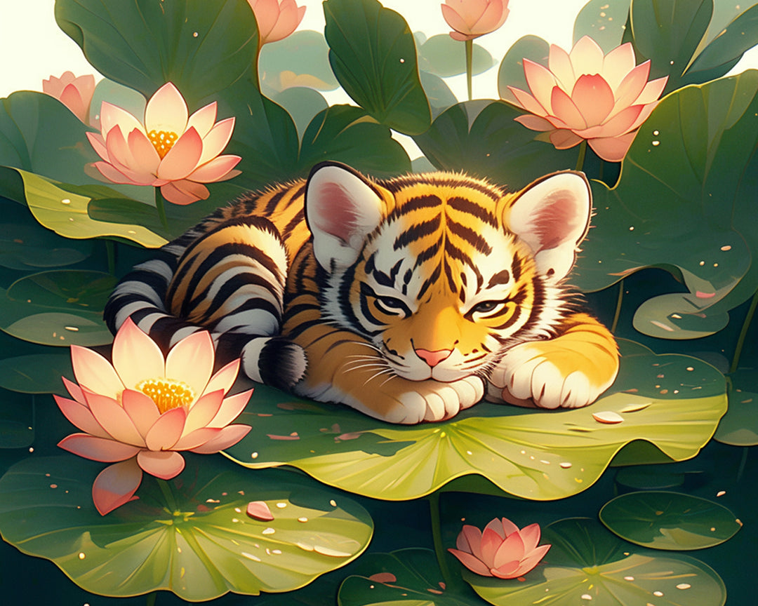 Cartoon Tijger en Lotus Diamond Painting