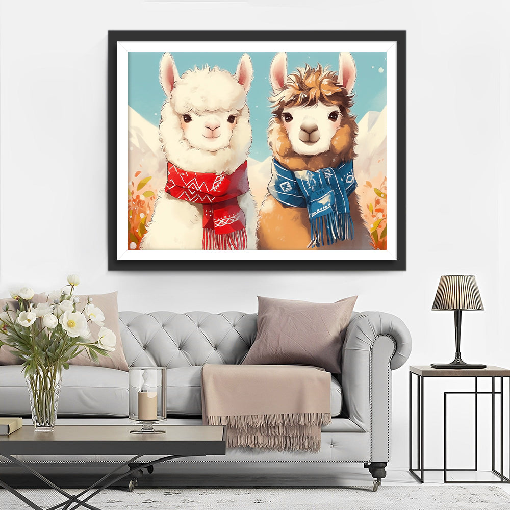 Cartoon Twee Alpaca's met Sjaals Diamond Painting