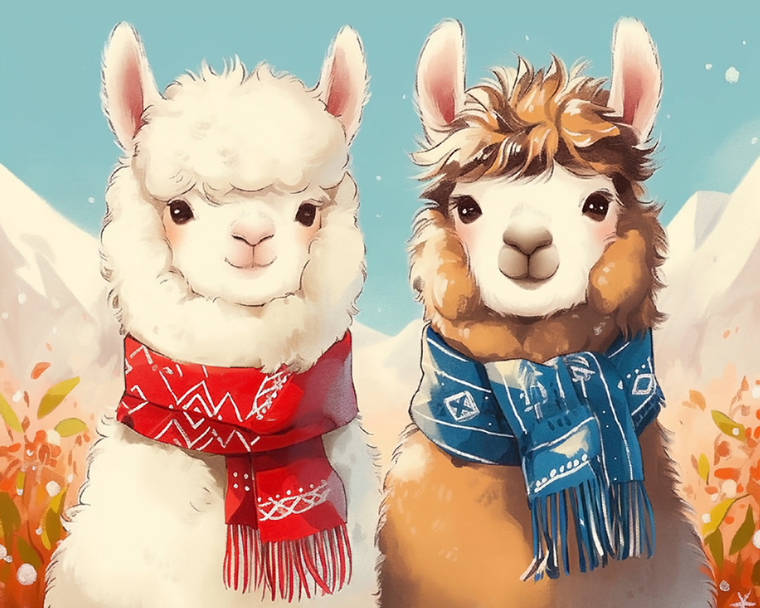 Cartoon Twee Alpaca's met Sjaals Diamond Painting