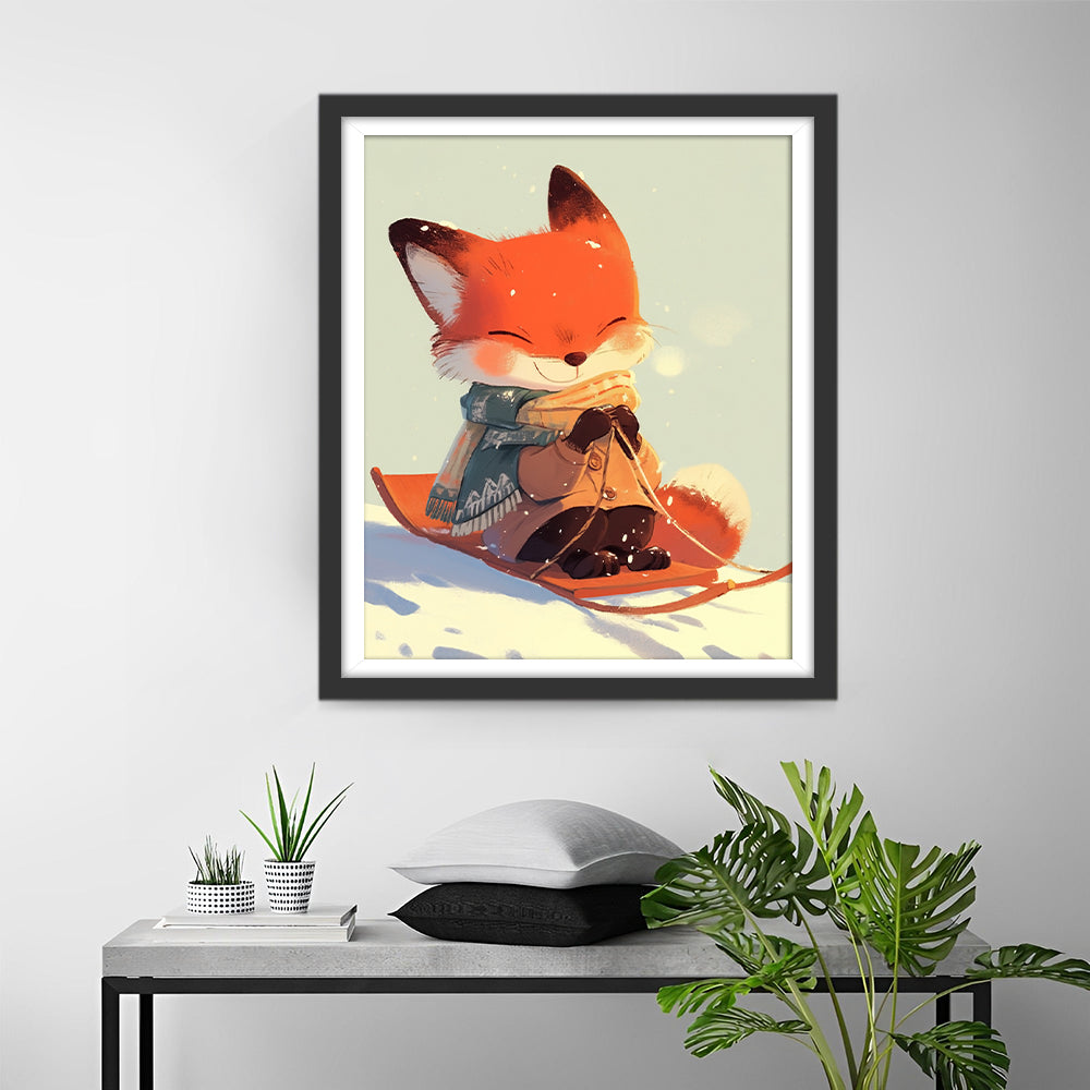Cartoon Vosje blij aan het Skiën Diamond Painting
