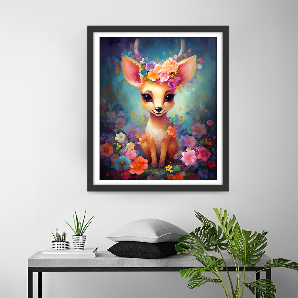 Charmant Hertenkalfje en Bloemen Diamond Painting