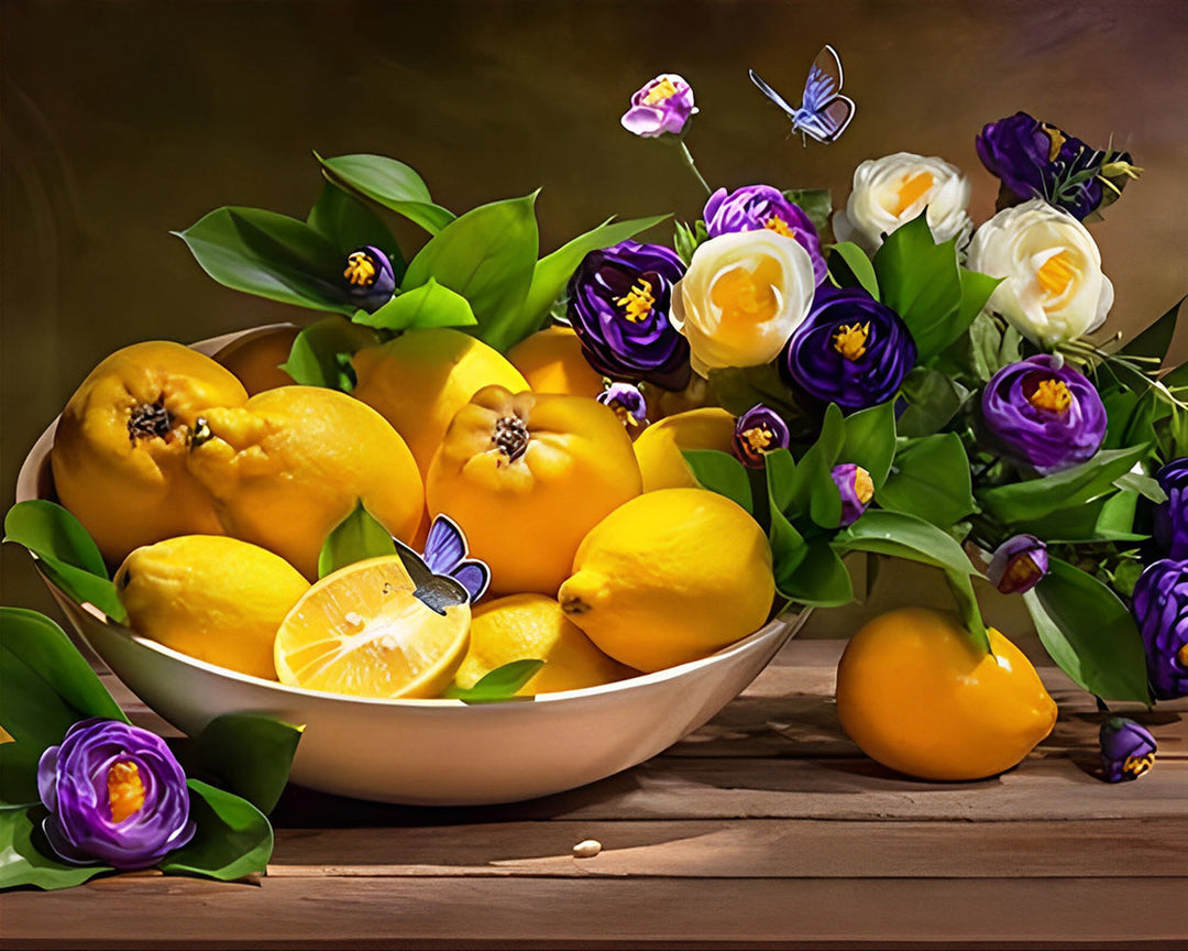 Citroenen en Paarse Bloemen Diamond Painting