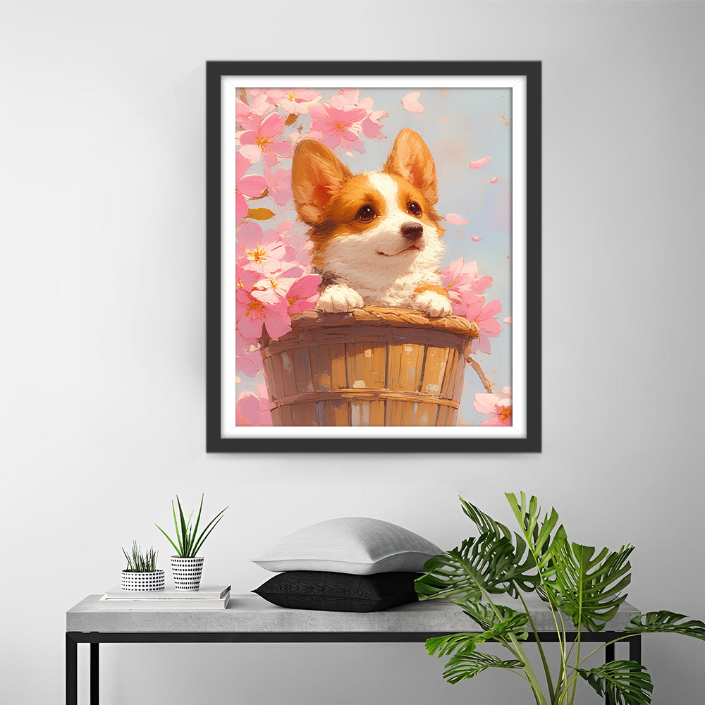 Corgi in een Mand onder Roze Bloemen Diamond Painting