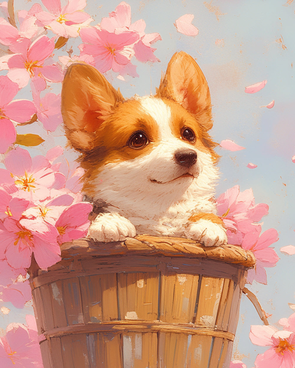 Corgi in een Mand onder Roze Bloemen Diamond Painting