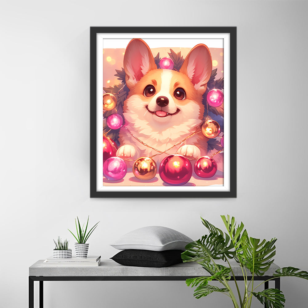Corgi omringd door Kerstballen Diamond Painting