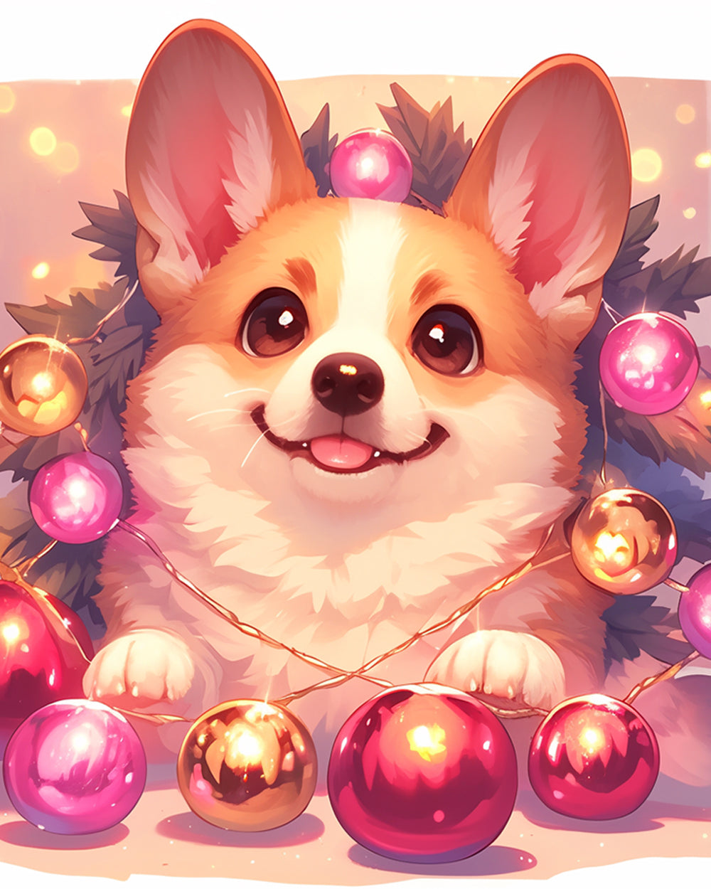 Corgi omringd door Kerstballen Diamond Painting
