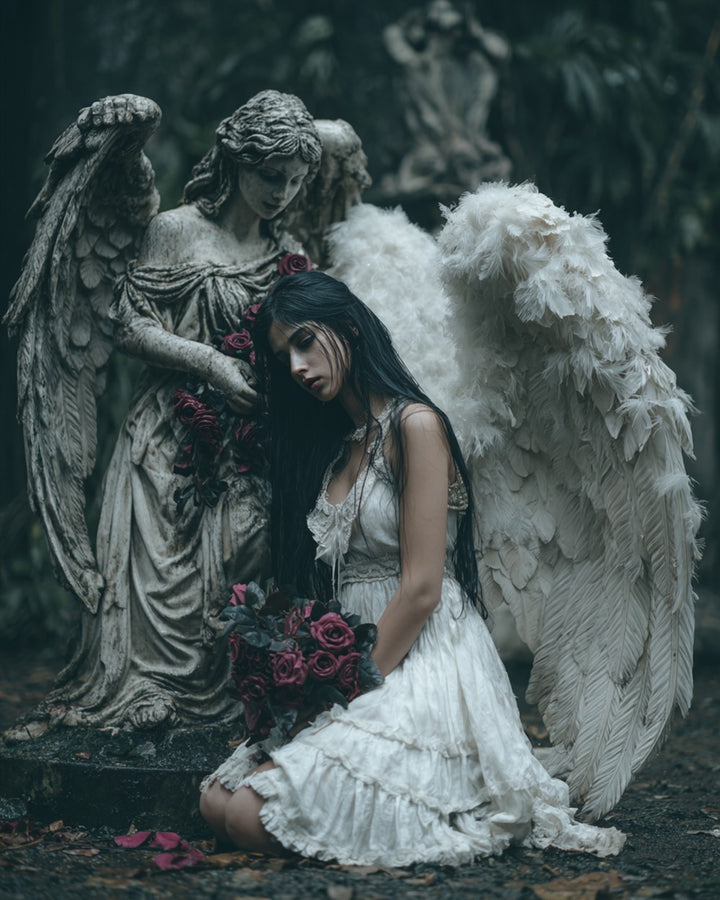 De Bedroefde Engel met Donkerrode Rozen Diamond Painting