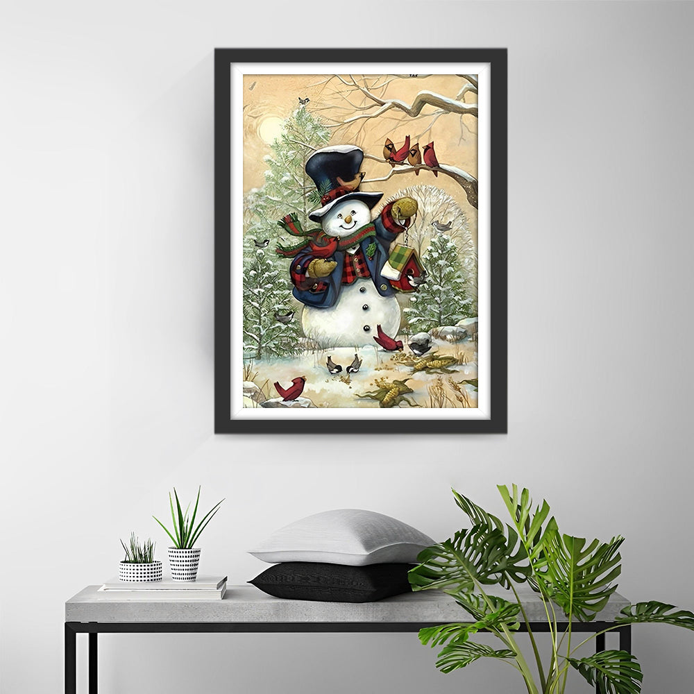 De Blijmoedige Sneeuwman met Vogels in het Woud Diamond Painting