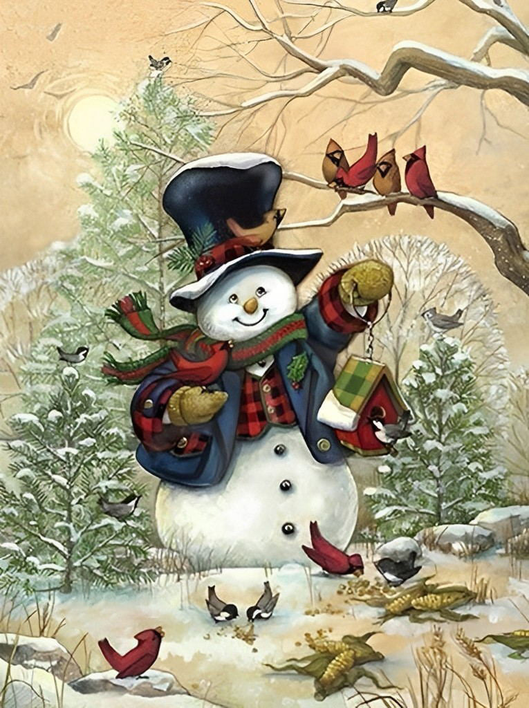 De Blijmoedige Sneeuwman met Vogels in het Woud Diamond Painting
