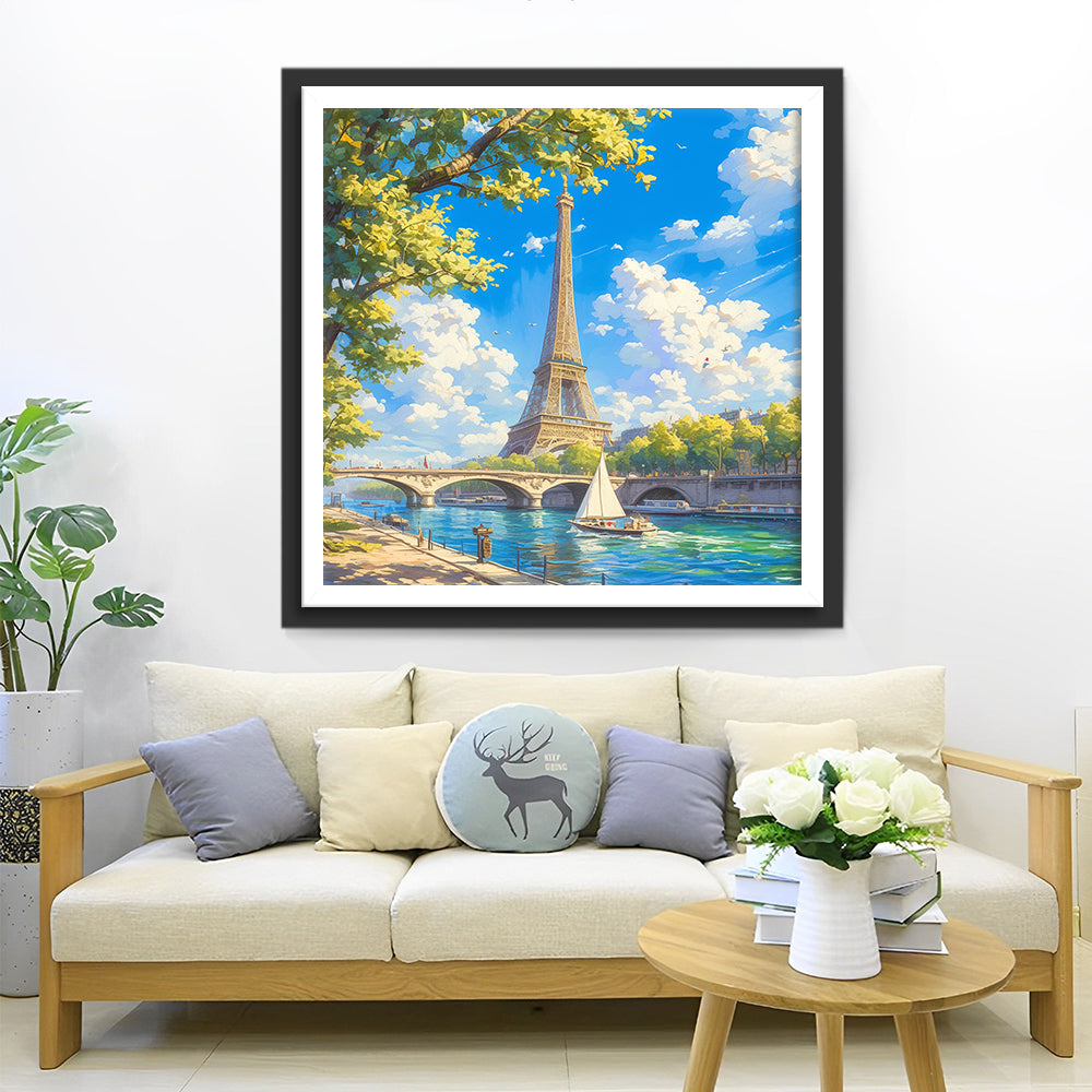 De Eiffeltoren aan de Blauwe Rivier Diamond Painting