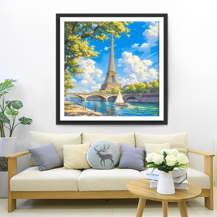 De Eiffeltoren aan de Blauwe Rivier Diamond Painting