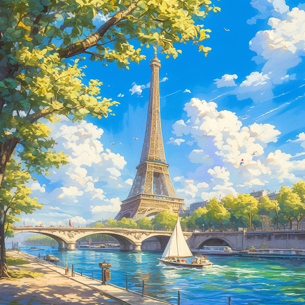 De Eiffeltoren aan de Blauwe Rivier Diamond Painting